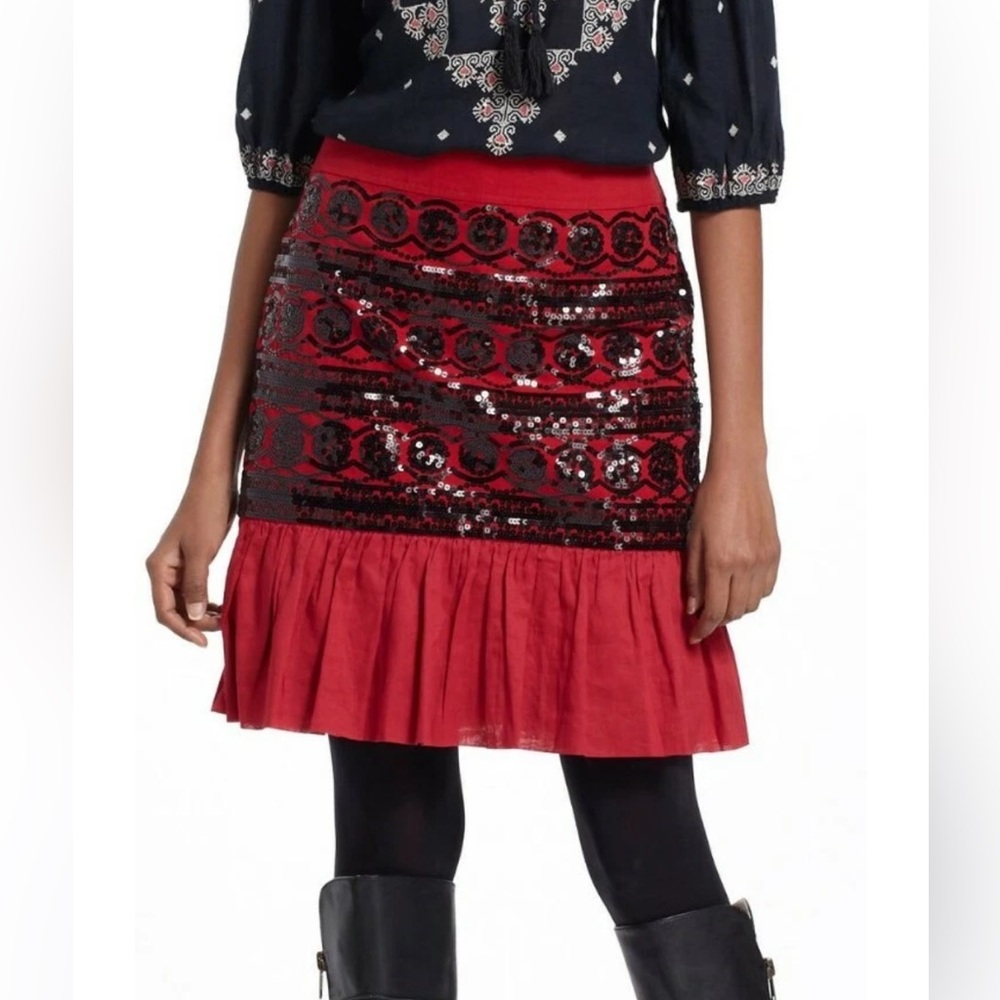 NWT Anthropologie Moulinette Soeurs Red and Black Sequined Ruffle Suelta Skirt 8